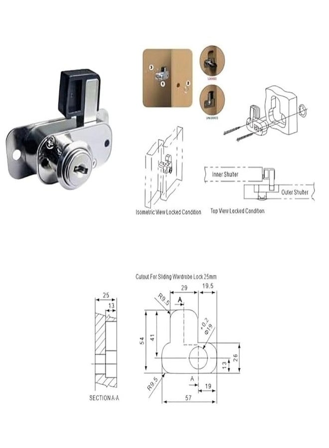 Kunal قفل كونال للأثاث | قفل خزانة متعدد الاستخدامات | مفتاحان | للخزائن والأدراج والدواليب والأثاث الخشبي | لون فضي | مناسب للألواح حتى سمك 25 مم | ضمان 6 أشهر - Image 2